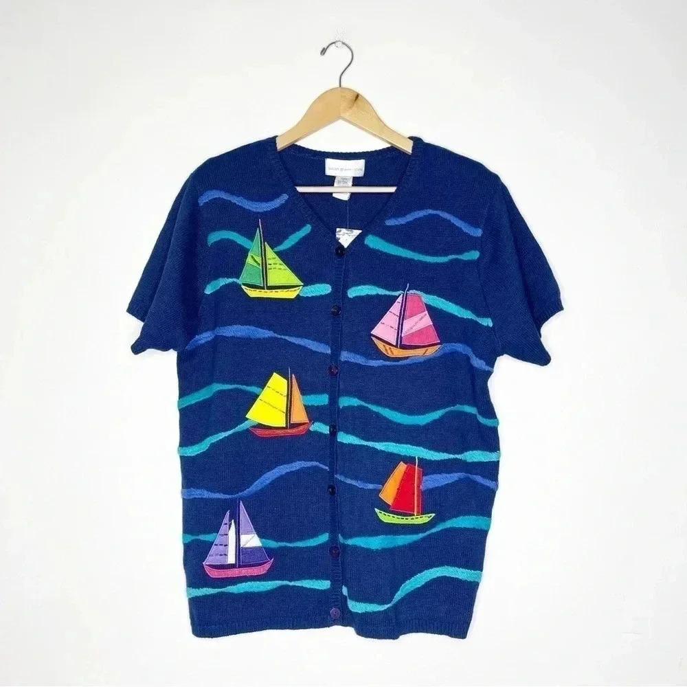 Susan Graver Vintage Sailboat Cardigan Sweater Short Sleeve Size Large NWT